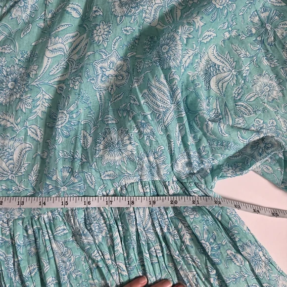 One Summer cotton block print floral balloon sleeve flowy boho mini dress sz L - Picture 7 of 10